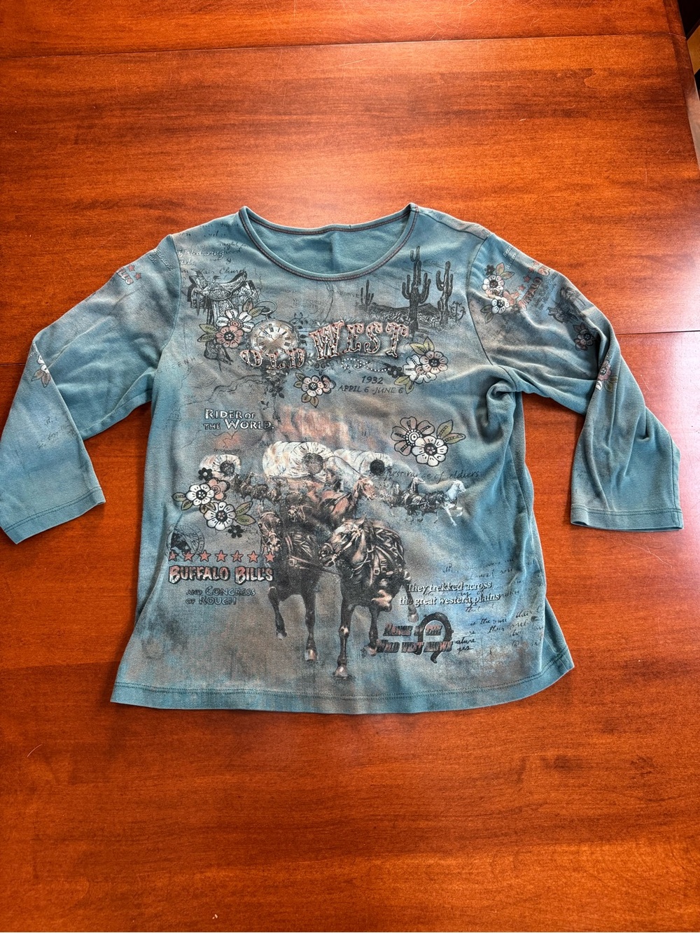 Y2K Western Cowgirl Graphic Rhinestone Long Sleeve Top Blue Womens M Approx